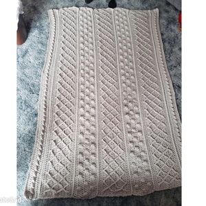 Light Gray Fisherman Style Afghan Hand Crocheted in Soft Gray